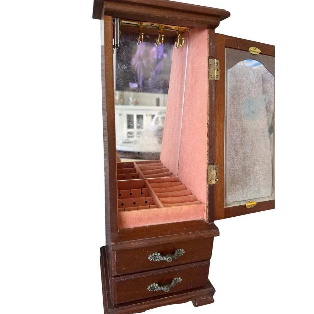 Vintage Wood Jewelry Armoire Etched Glass Floral Door Pink Lining 2 Drawers
